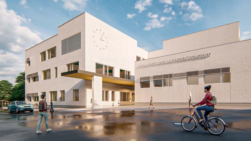 Havainnekuva Pohjois-Tapiolan koulusta (Kuva: Linja-Arkkitehdit)