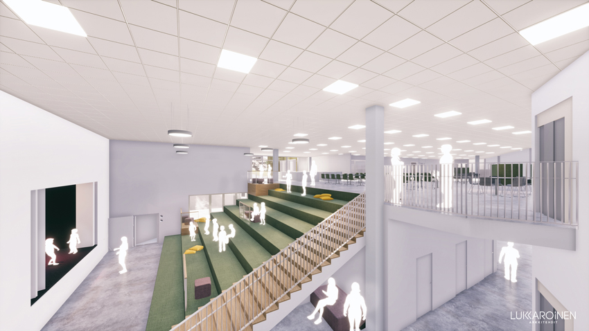 Havainnekuva Kilon koulu ja päiväkoti, sisänäkymä aulasta (Kuva: Lukkaroinen arkktehdit)