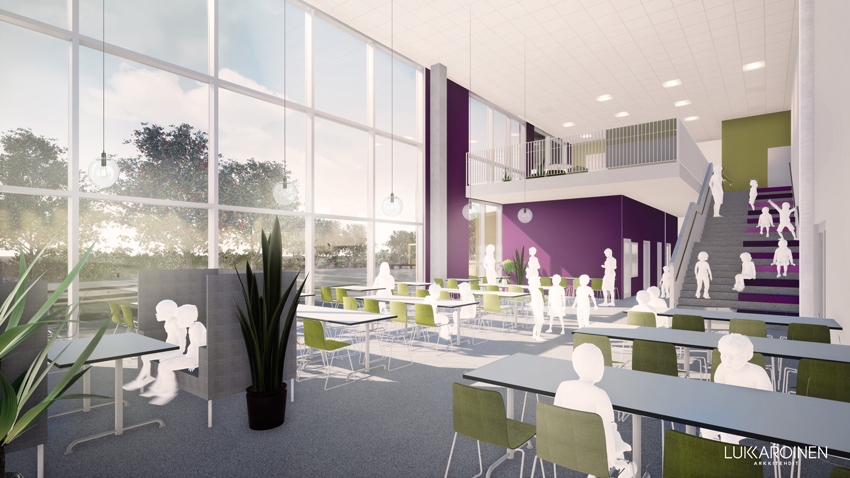 Havainnekuva Nauriskasken koulusta, sisänäkymä ruokalasta (Kuva: Lukkaroinen arkkitehdit)