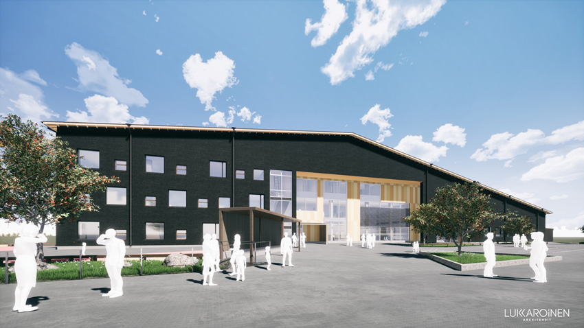 Havainnekuva Nauriskasken koulusta, ulkonäkymä pääsisäänkäynnille (Kuva: Lukkaroinen arikkitehdit)