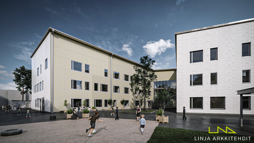 Havainnekuva Perkkaan koulusta, näkymä sisäpihalta (Kuva: Linja arkkitehdit)