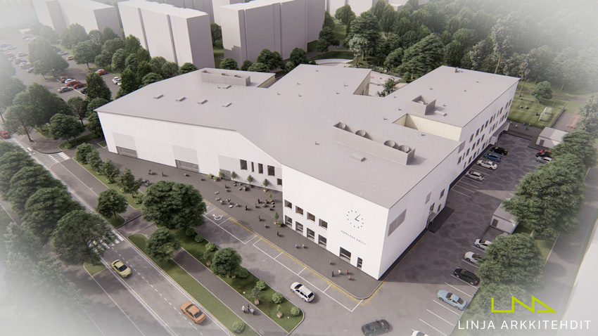 Havainnekuva Perkkaan koulusta, ilmakuva (Kuva: Linja arkkitehdit)