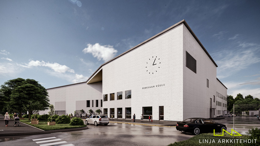 Havainnekuva Perkkaan koulusta, näkymä Majurinkadulta (Kuva: Linja arkkitehdit)