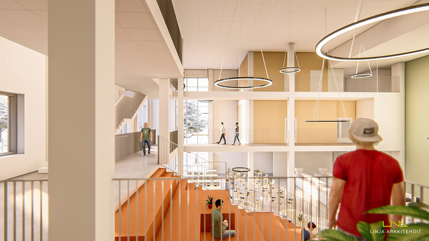Havainnekuva Pohjois-Tapiolan yhtenäiskoulusta, aulanäkymä (Kuva: Linja arkkitehdit)
