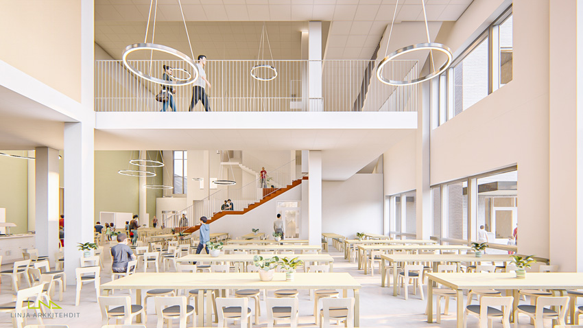 Havainnekuva Pohjois-Tapiolan yhtenäiskoulusta, aulanäkymä (Kuva: Linja arkkitehdit)