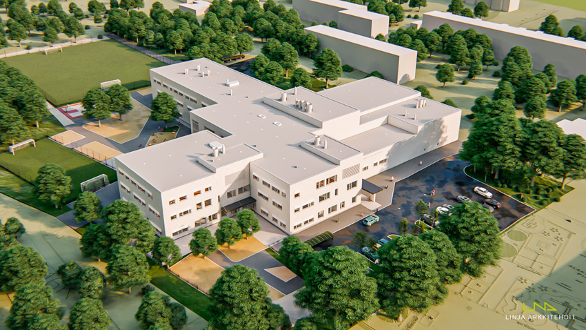Havainnekuva Pohjois-Tapiolan yhtenäiskoulusta, ilmakuva kaakosta (Kuva: Linja arkkitehdit)
