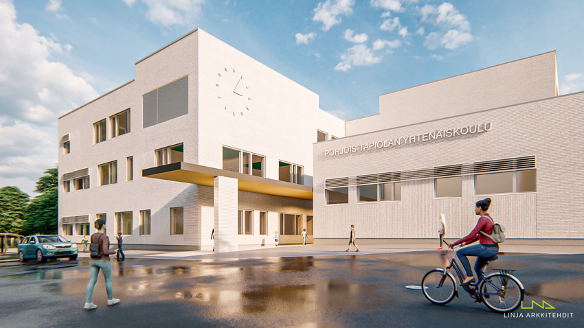 Havainnekuva Pohjois-Tapiolan yhtenäiskoulusta (Kuva: Linja arkkitehdit)