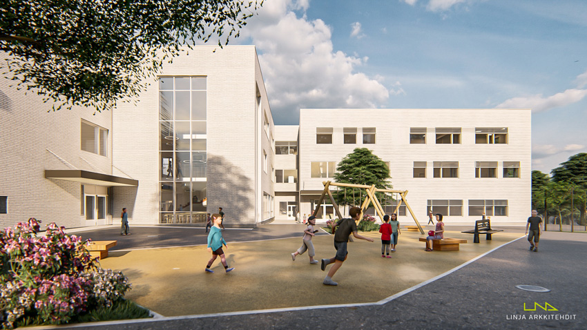 Havainnekuva Pohjois-Tapiolan yhtenäiskoulusta, pihanäkymä (Kuva: Linja arkkitehdit)