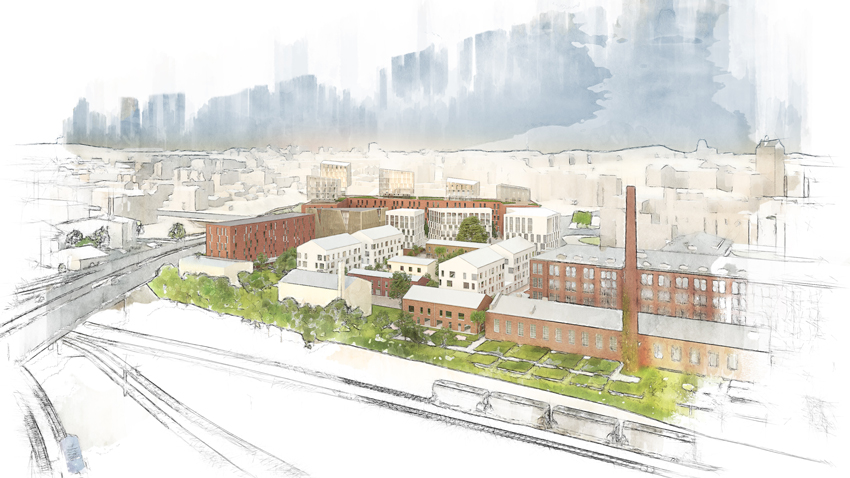 Havainnekuva: Yleiskuva Pajalan alueesta. Kivääritehdas oikealla.