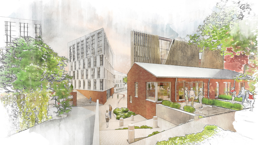 Havainnekuva: Kadut, pihat, kasvillisuus ja rakennusten arkkitehtuuri luovat kantakaupunkimaisen kaupunginosan.