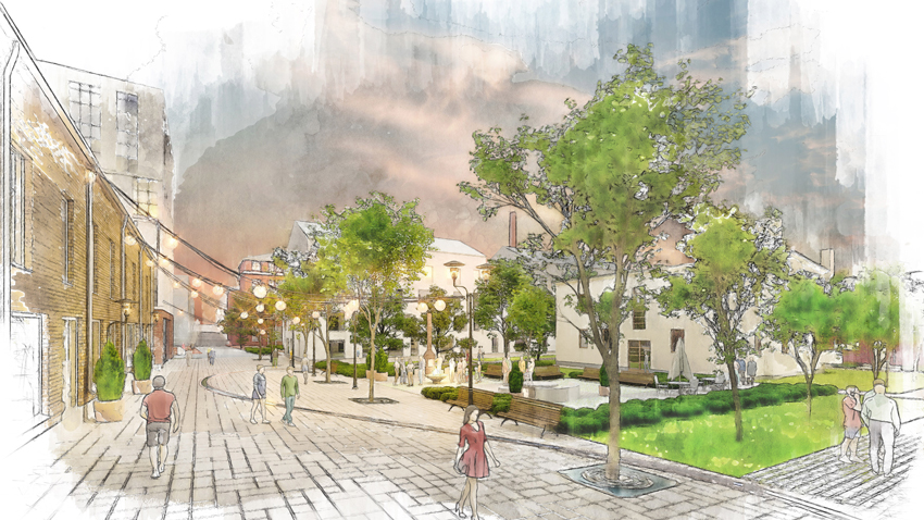 Havainnekuva: Iltatunnelmakuva Hahlolta. Kuvan oikeassa reunassa Pajapuisto ja suojeltu kivääritehtaan johtajan asuinrakennus.